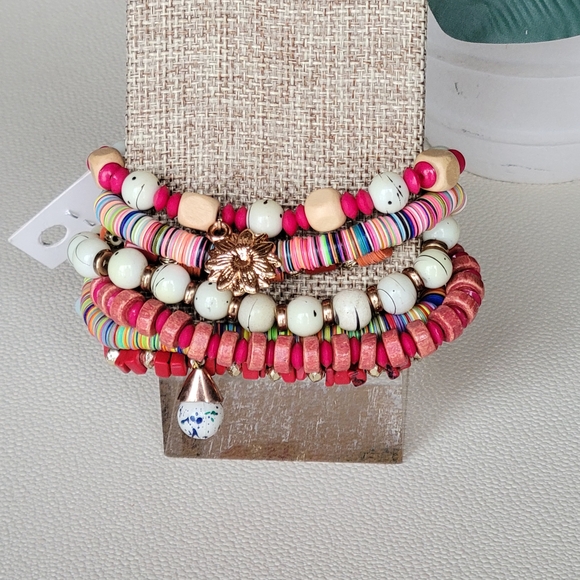 AVEC Colorful Red & Gold Tones Stretchy Beaded Bracelet Set of 7 - Picture 4 of 10